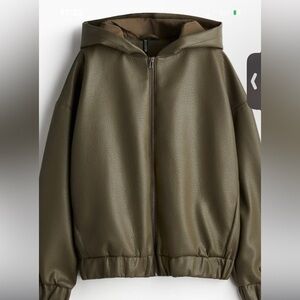 H&M Women’s Olive Green Faux Leather Jacket with Hood Size XXL NWT